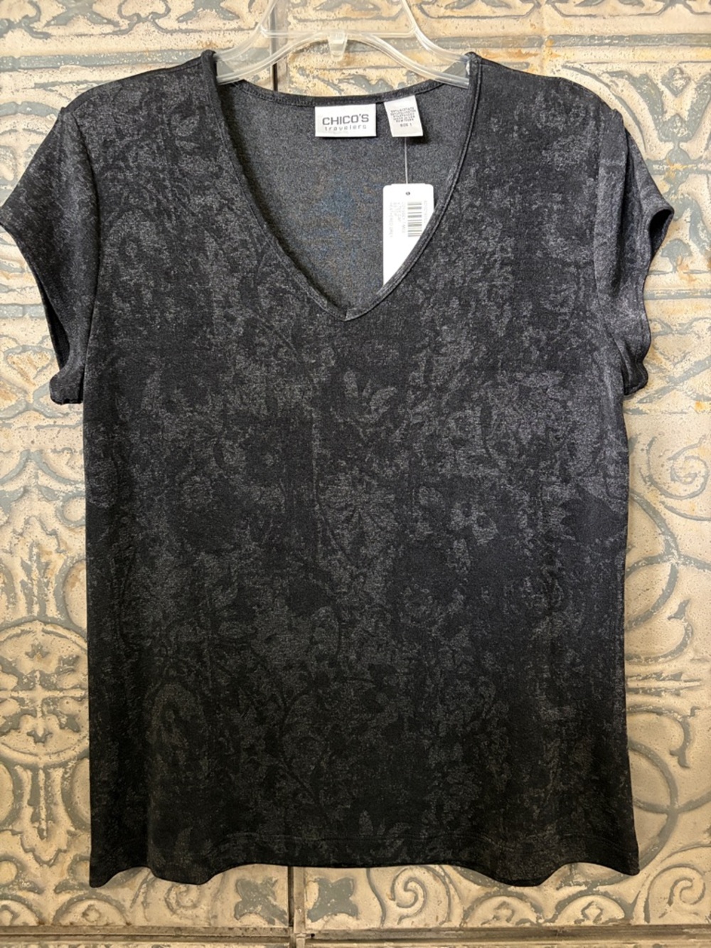 Chico's Black Odyssey Times V-Neck Cap Sleeve Top (Size 1)